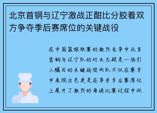 北京首钢与辽宁激战正酣比分胶着双方争夺季后赛席位的关键战役